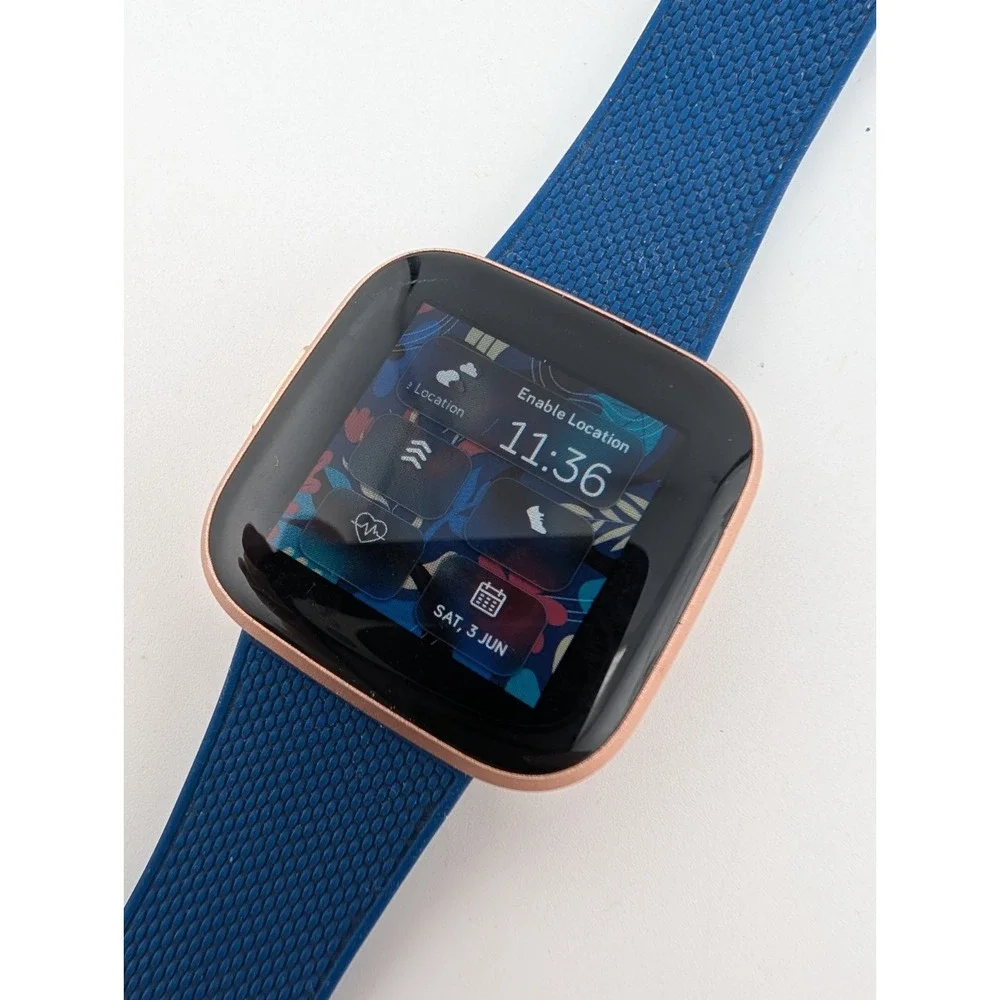 Fitbit Versa 2 Smartwatch Copper Rose Fitness Tracker FB507 Blue Band- Works